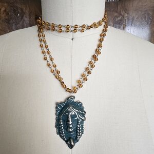 Bohemian Amber Color and Deep Blue Painted Necklace